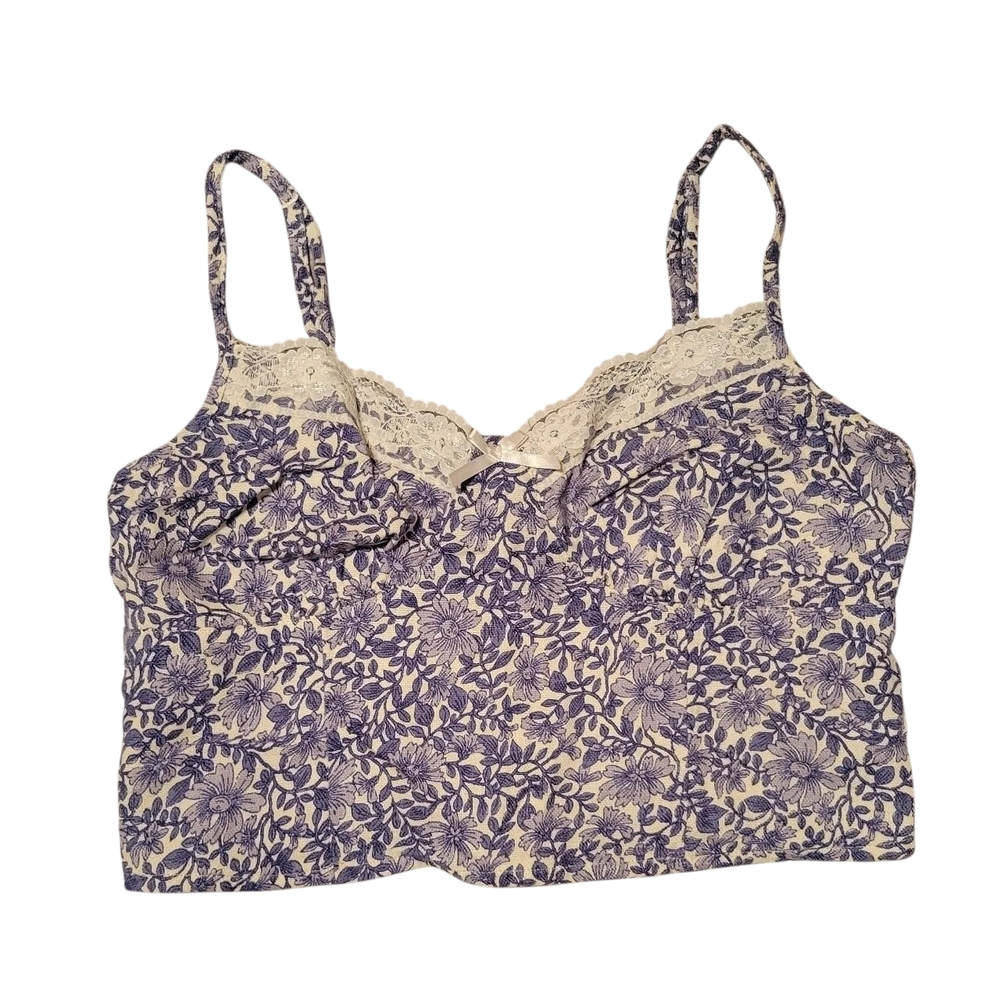 American Eagle Cream And Blue Floral Lace Trim Crop Tank Top